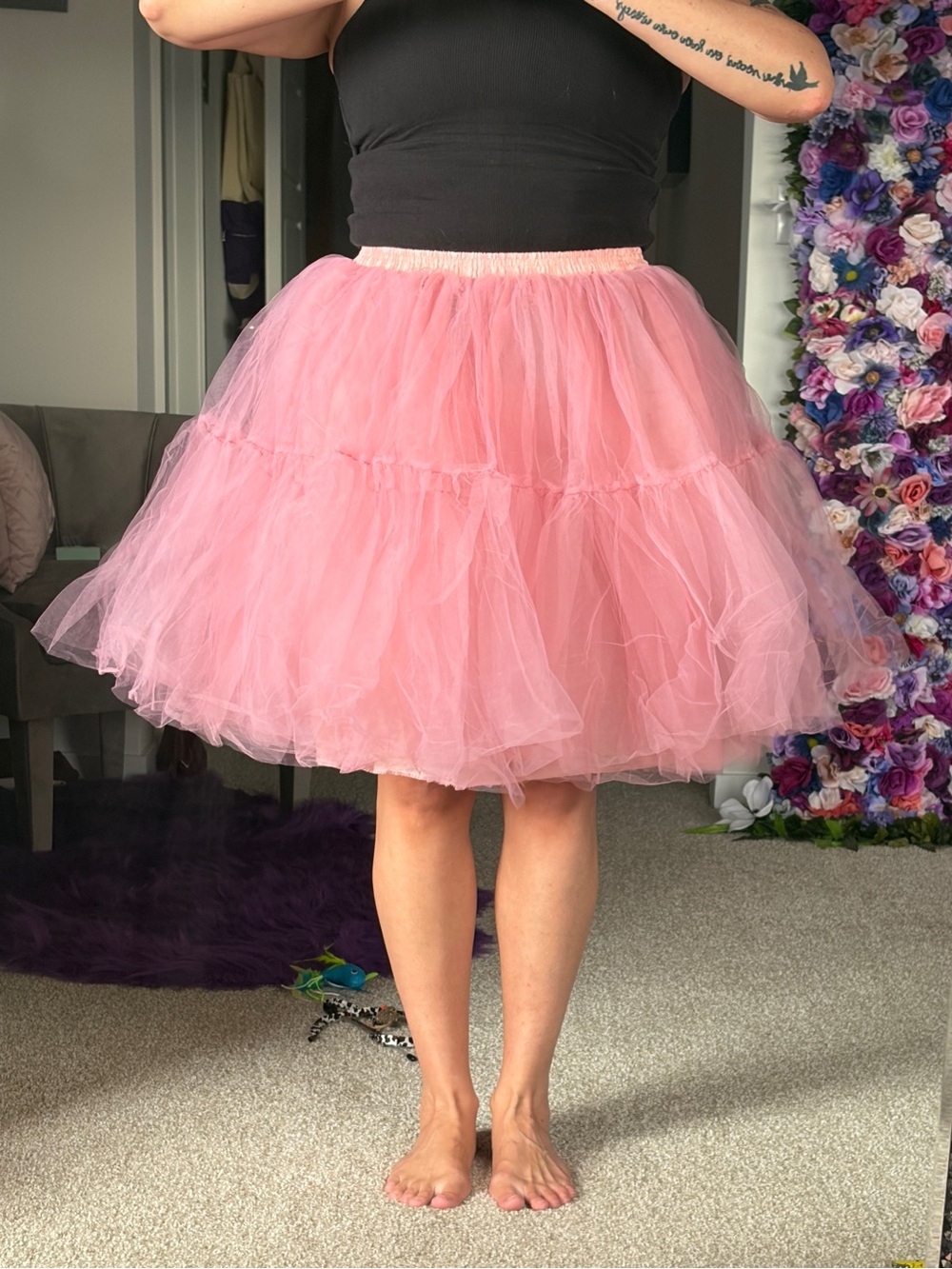 Pink Tulle Knee-Length Skirt with Elastic Waist